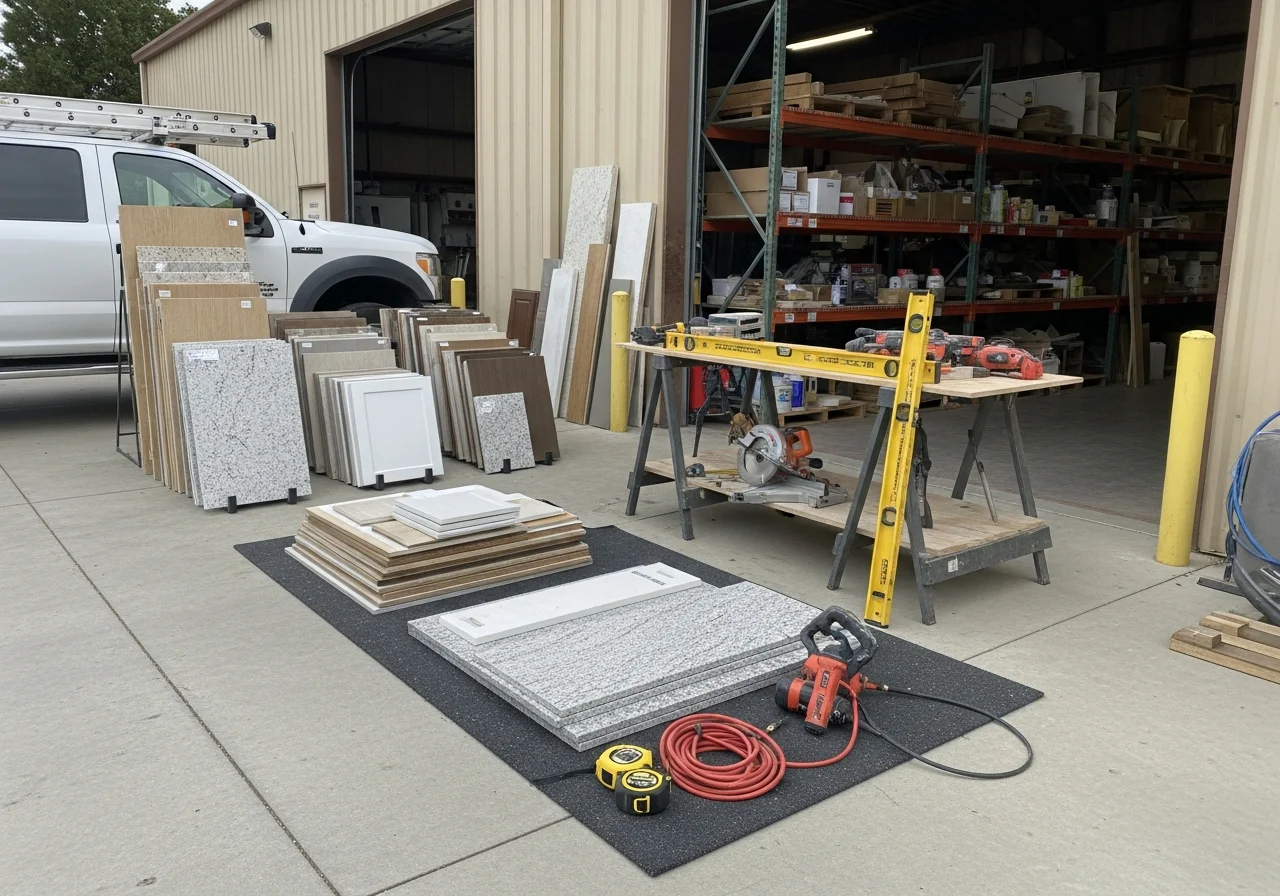 Remodeling crew and tools on a residential job site, showing skilled tradespeople and equipment ready for kitchen, bathroom, or home construction work.