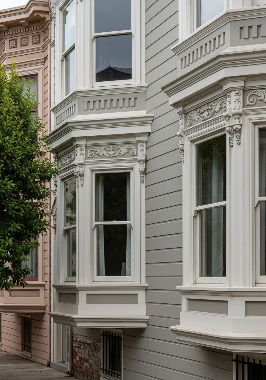 Close-up of a well-maintained Victorian home exterior in Berkeley, showcasing detailed woodwork and period features.