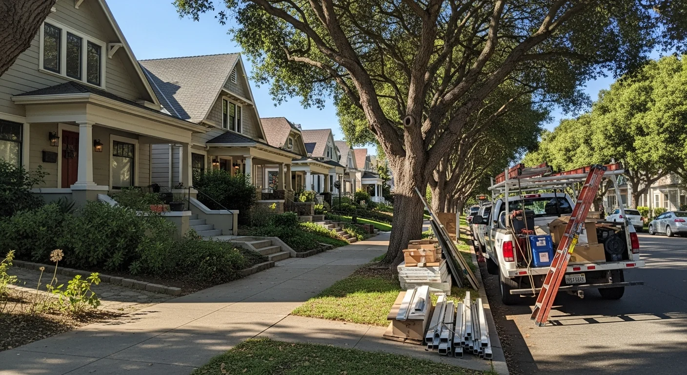 Residential street in Oakland with tree-lined sidewalk and Craftsman-style homes typical of Alameda County neighborhoods.