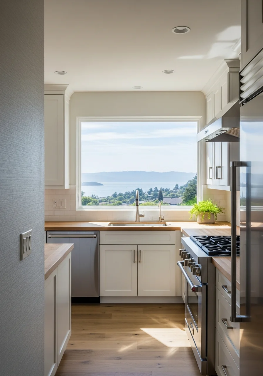 Modern Marin County residence with large windows overlooking natural landscape and distant water views.