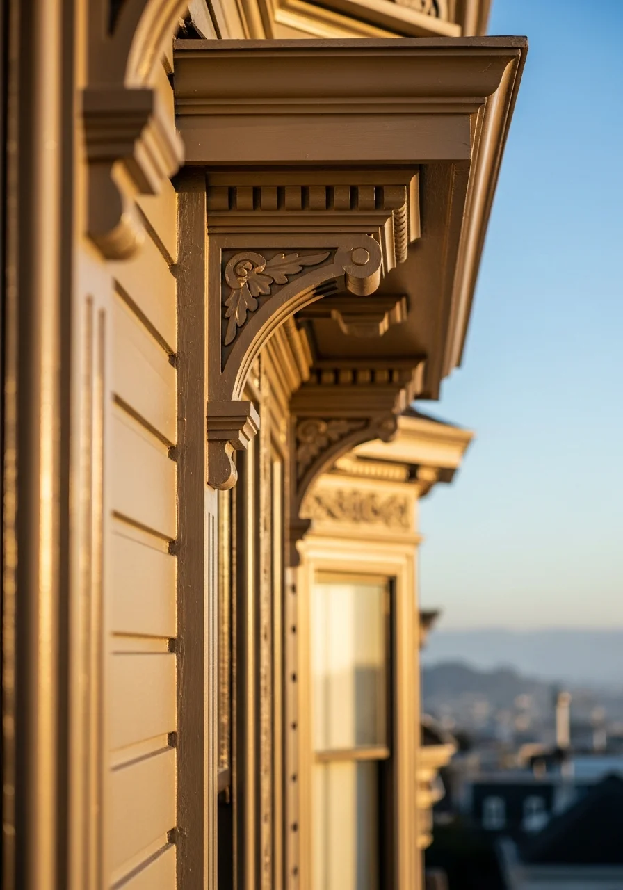 Detail of ornate Victorian cornice and window trim on a San Francisco home facade.