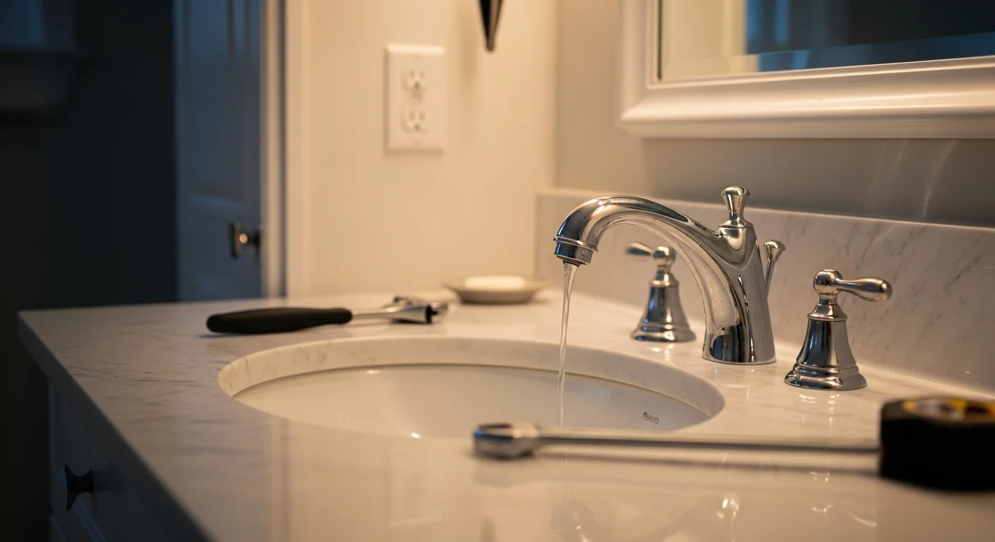 A newly installed bathroom vanity faucet and undermount sink in an Alameda County home, with clean supply line connections and a sealed countertop surface. The bathroom shows updated fixtures against a tiled wall typical of a remodeled East Bay residence.