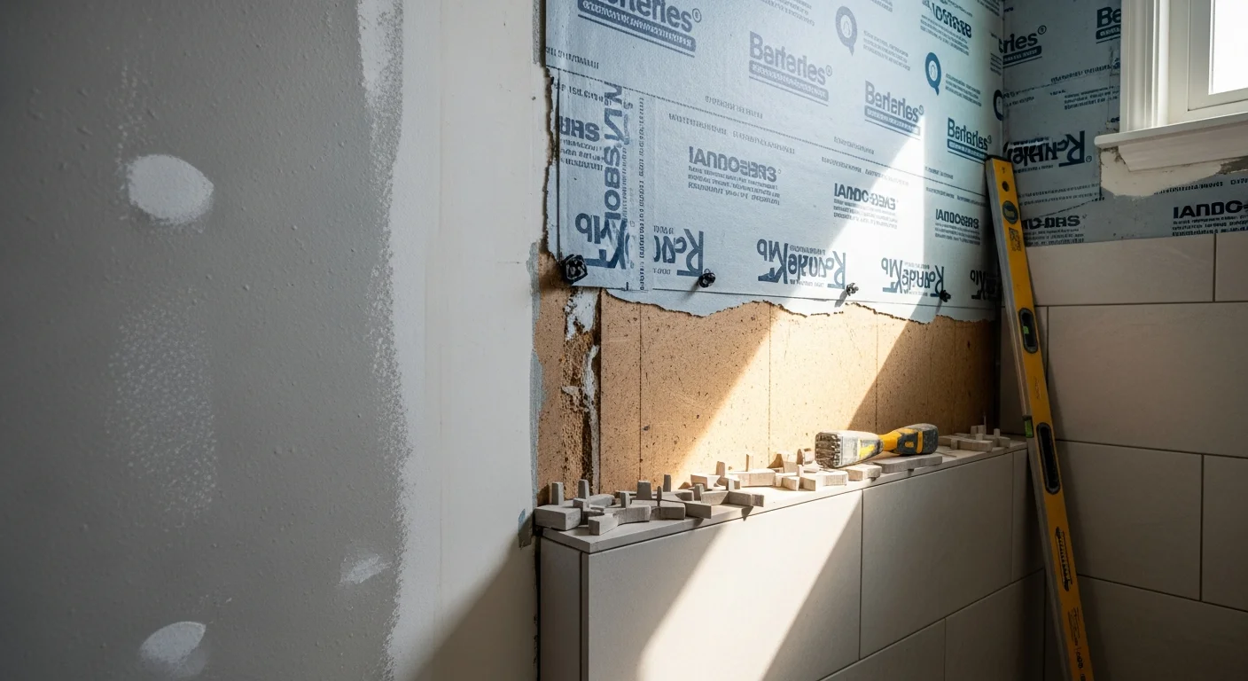 Freshly installed bathroom floor and shower surround tile in an Alameda County home, showing sealed grout lines and a waterproofed wet area. The renovation reflects the kind of precise tile work Nailed It Remodeling Inc completes for homeowners across Oakland, Fremont, and Hayward.