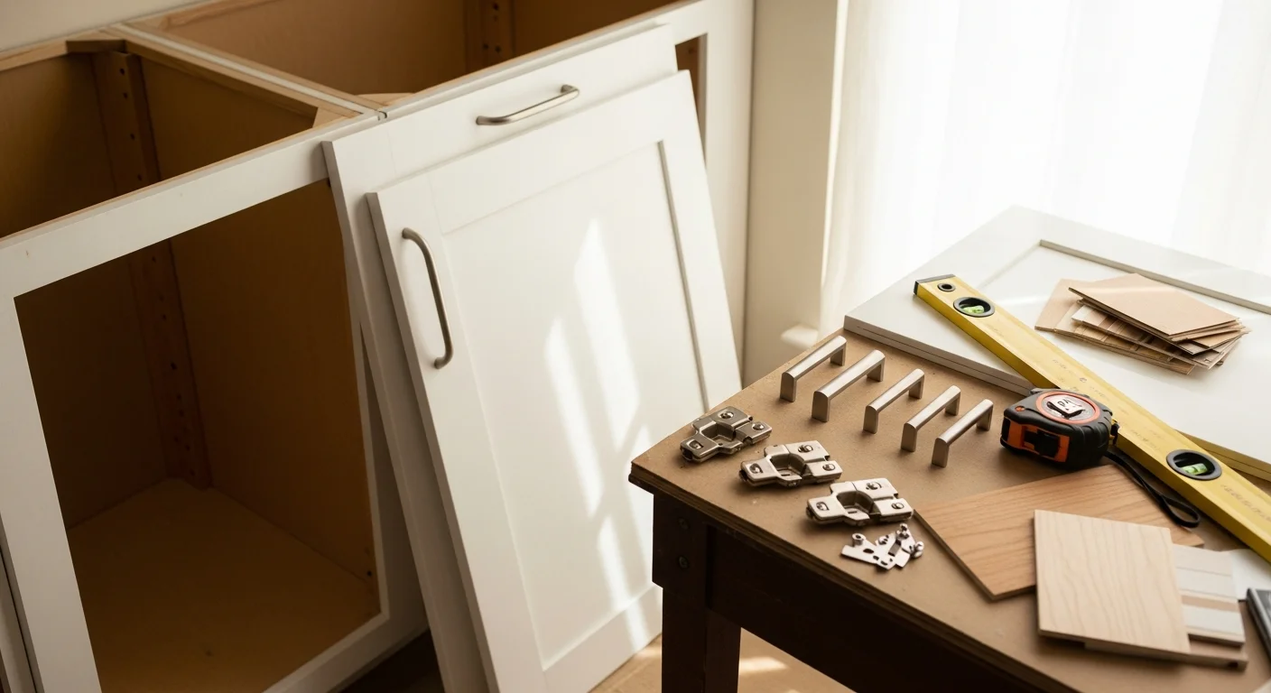 Refaced kitchen cabinets with new door fronts and updated hardware in an Alameda County home. The cabinet boxes are original, with fresh veneer and a clean, modern finish throughout the kitchen.