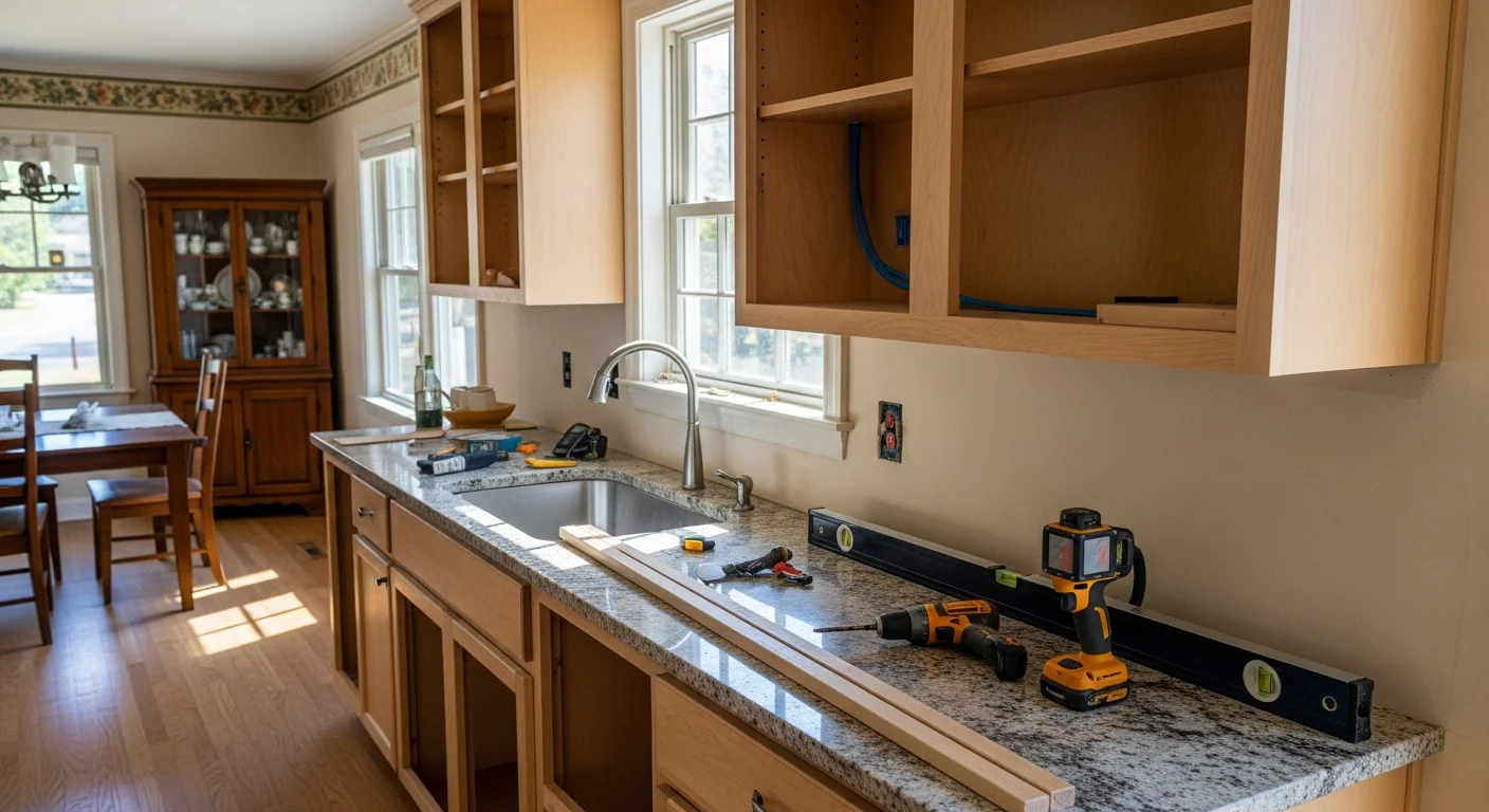 Newly installed custom kitchen cabinets with wood finish and brushed hardware in an Alameda County home. Full-height upper cabinets and deep lower drawers replace outdated stock cabinetry in a remodeled kitchen.