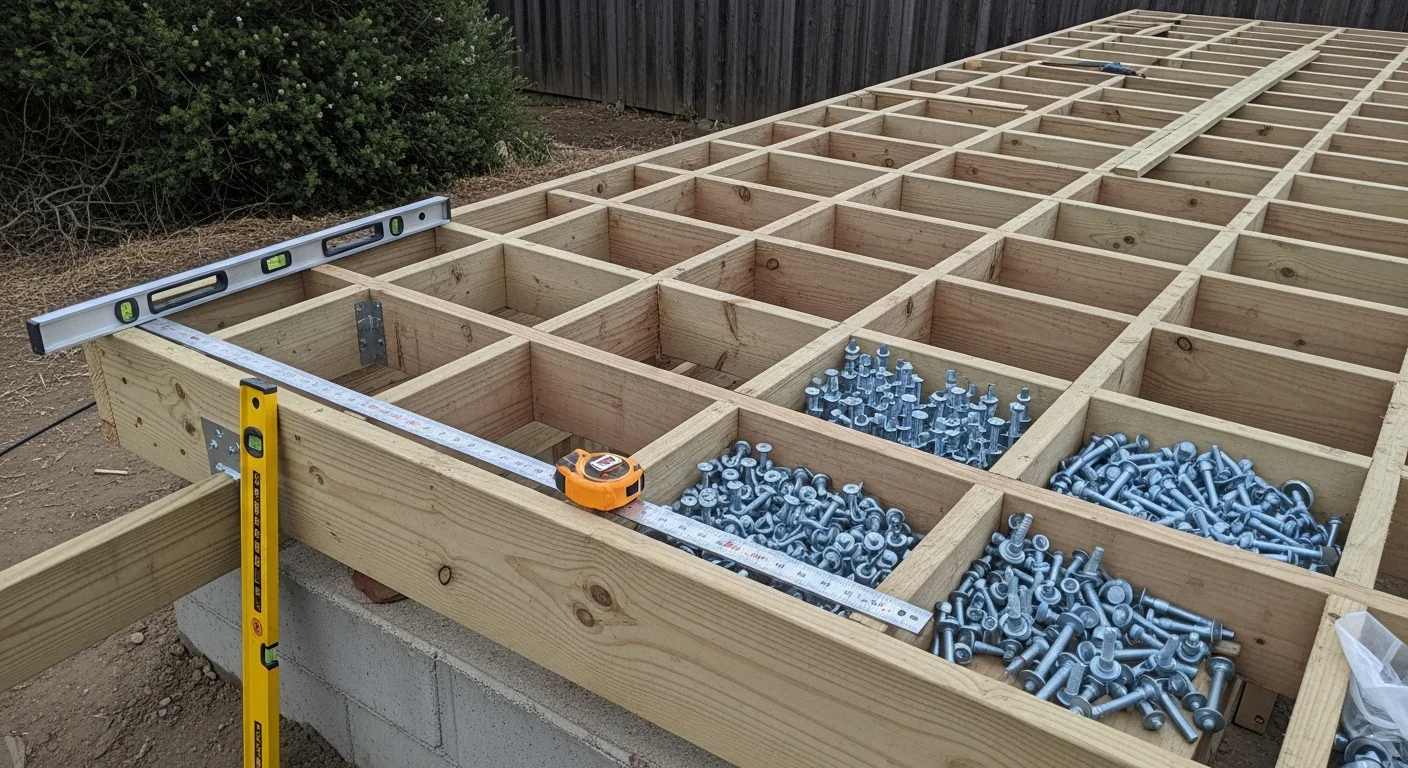 A newly built custom wood deck attached to a single-family home in Alameda County, California, with code-compliant guardrails and a backyard view. The structure shows clean framing and corrosion-resistant hardware suited to Bay Area coastal conditions.