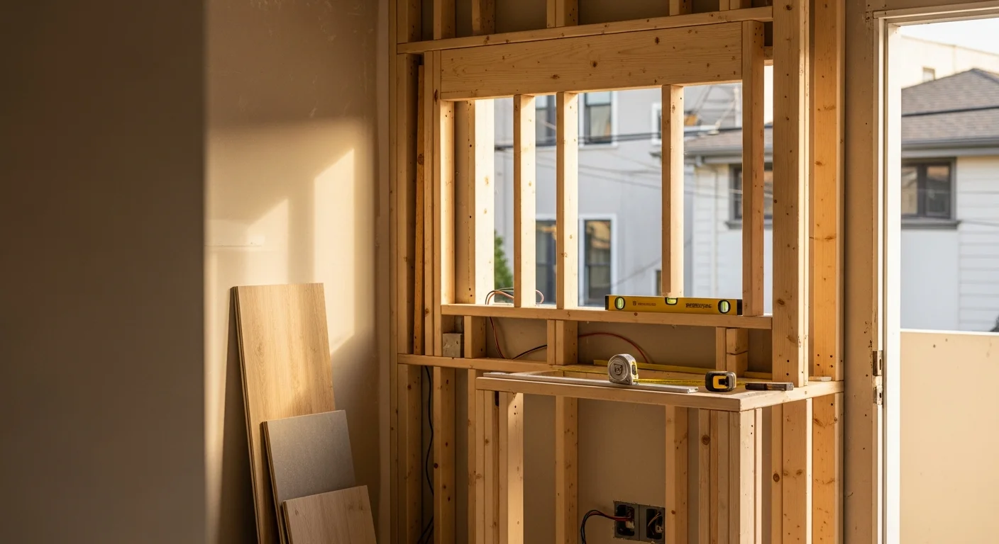 Interior of a newly finished Junior ADU inside an Alameda County single-family home, showing a compact kitchenette, separate entrance door, and clean modern finishes. The unit is built within the existing home structure, with natural light from a side-facing window.