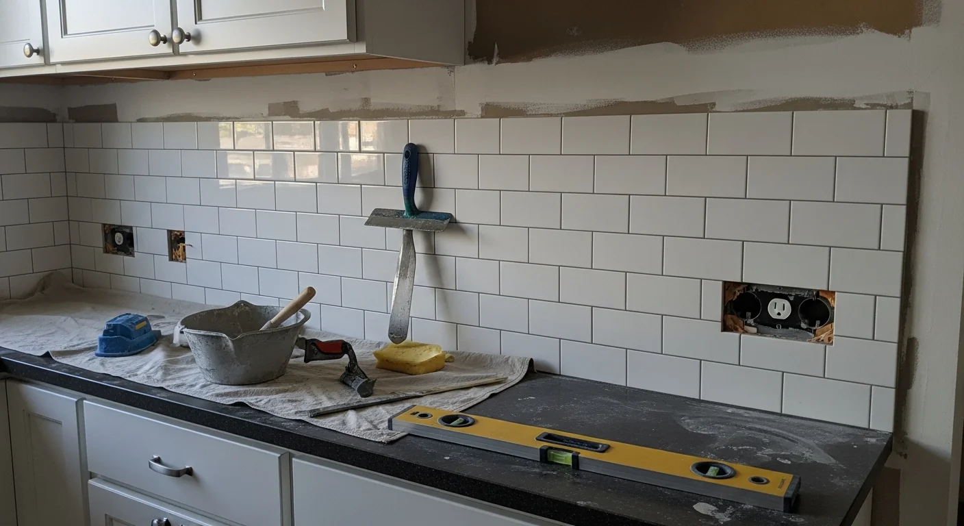 Freshly installed tile backsplash with clean grout lines behind the range in an Alameda County kitchen. The backsplash runs from countertop to upper cabinets, showing precise cuts around an electrical outlet.