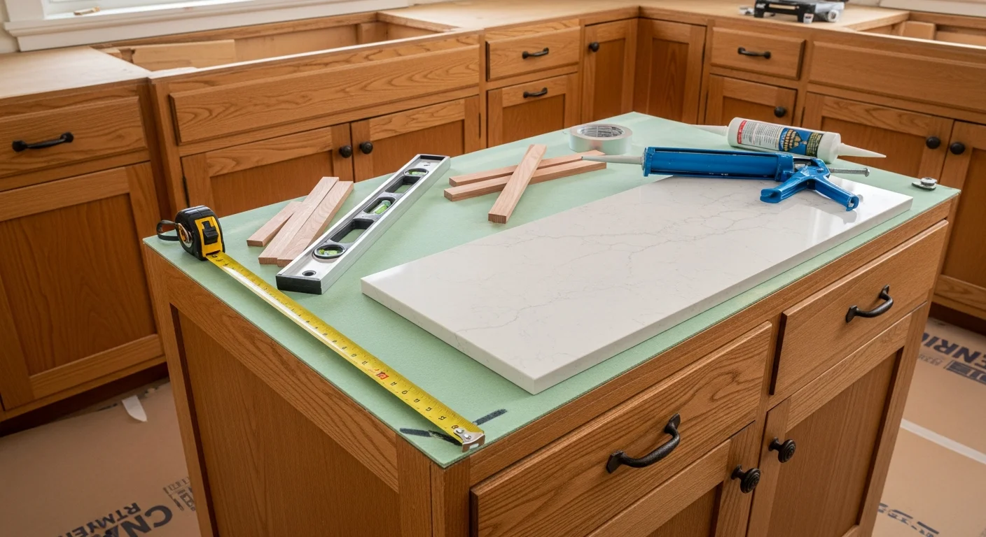 Newly installed kitchen countertop in an Alameda County home, showing a clean surface fit flush against painted cabinets with sealed edges and a stainless steel sink cutout. The kitchen reflects a typical Bay Area residential layout with natural light from a window above the sink.