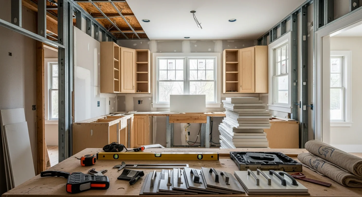 A finished kitchen remodel in an Alameda County home showing new white shaker cabinets, stone countertops, and updated recessed lighting. The open layout reflects a structural wall removal common in older Bay Area homes.