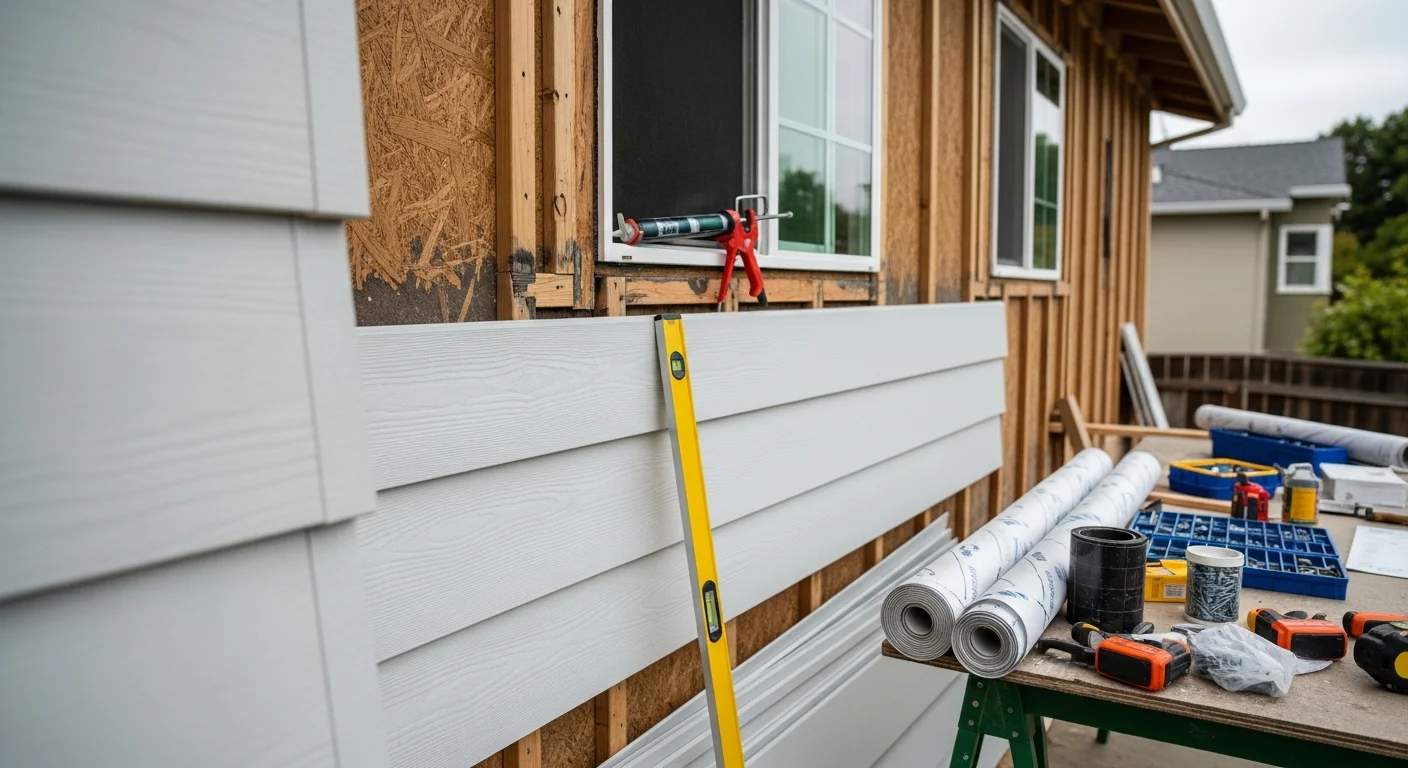 Newly installed fiber cement siding on a single-family home in Alameda County, CA, with clean trim lines and fresh caulking around window frames. The exterior shows a complete replacement with no visible gaps or weathering.