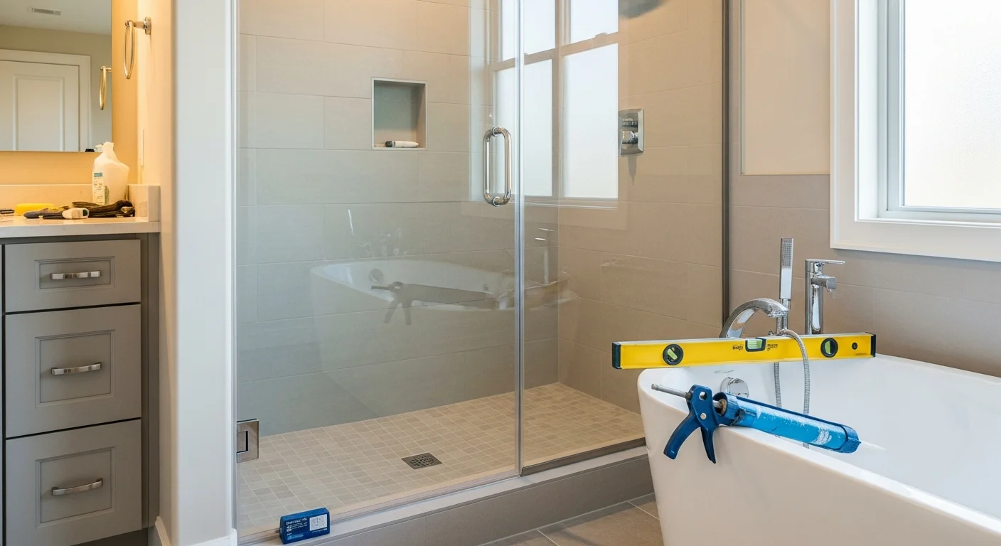 A newly installed curbless walk-in shower with floor-to-ceiling tile work in a remodeled bathroom of an Alameda County home. The shower features a low-threshold entry, a built-in niche, and a handheld fixture installed by Nailed It Remodeling Inc.